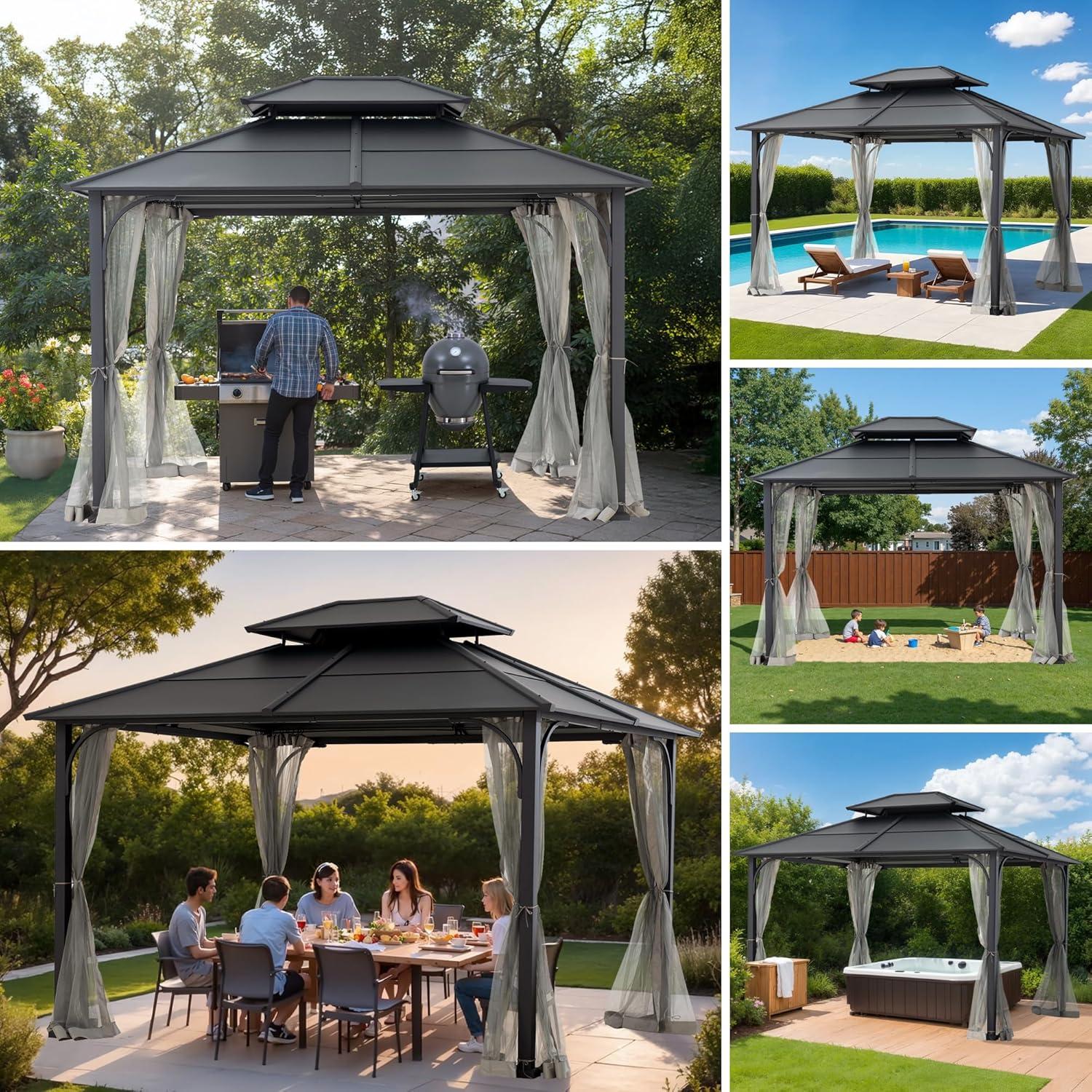 Sunjoy Sunjoy Hardtop Gazebo 10 x 12 ft. Outdoor Gazebo, Heavy Duty Steel Frame Gazebo, Double Roof Metal Gazebo with Ceiling Hook and Removable Netting Sidewalls