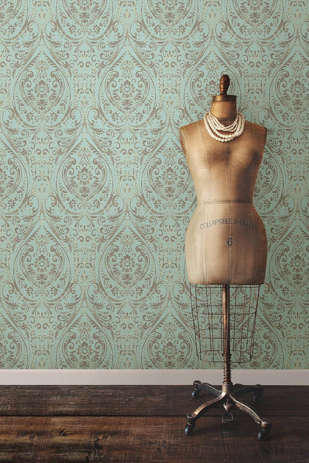 NuWallpaper Nomad Damask Peel & Stick Wallpaper: Removable, Self-Adhesive, Washable, Turquoise Blue, 30.75 Sq Ft Coverage