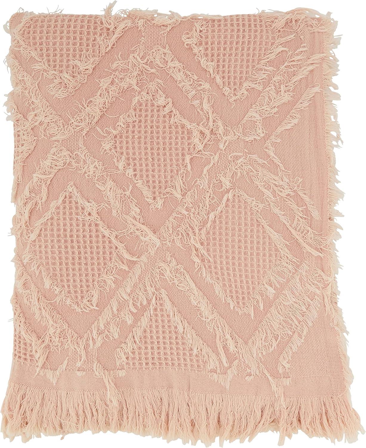 Rose Cotton Fringe Waffle Weave Throw Blanket