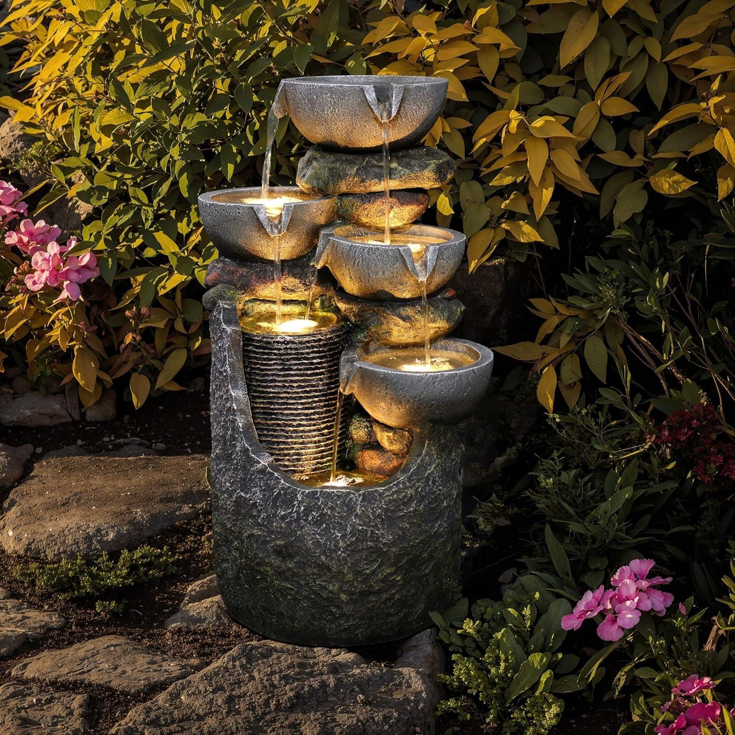 LuxenHome 25" Small Water Fountain Outdoor, Cascading Bowl Garden Water Features with LED Lights Gray