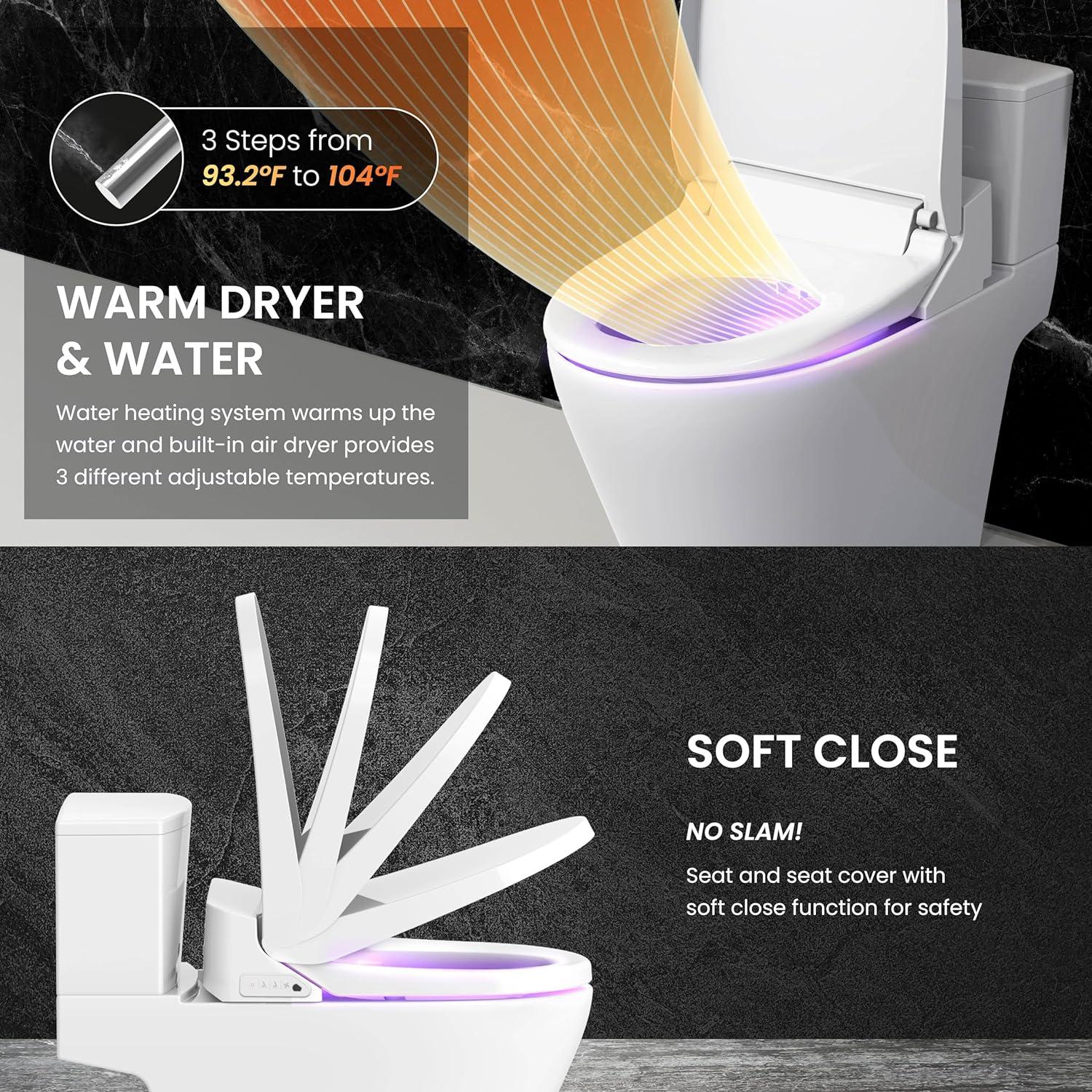 VOVO STYLEMENT VB 6000SE Electronic Smart Bidet Toilet Seat Heated Seat Warm Dry and Water LED Nightlight One piece Toilet Bidet Seat Elongated White