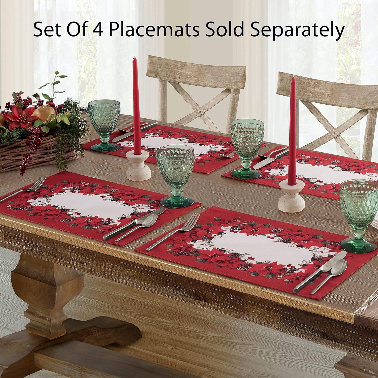 Newbridge Christmas Blooming Poinsettia’s Double Bordered 52 x 52 inch Square Fabric Tablecloth, Holiday Red and White Poinsettia Dining Table Cover