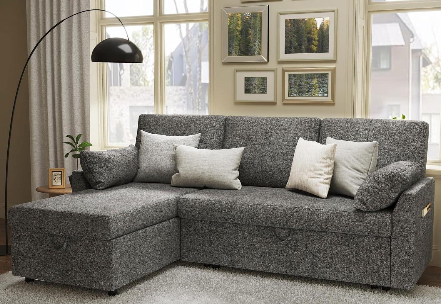 VANACC Sofa Bed, Sleeper Sofa with Storage Chaise-2 in 1 Pull Out Couch Bed for Living Room, Sectional Couch with Pull Out Bed Gray