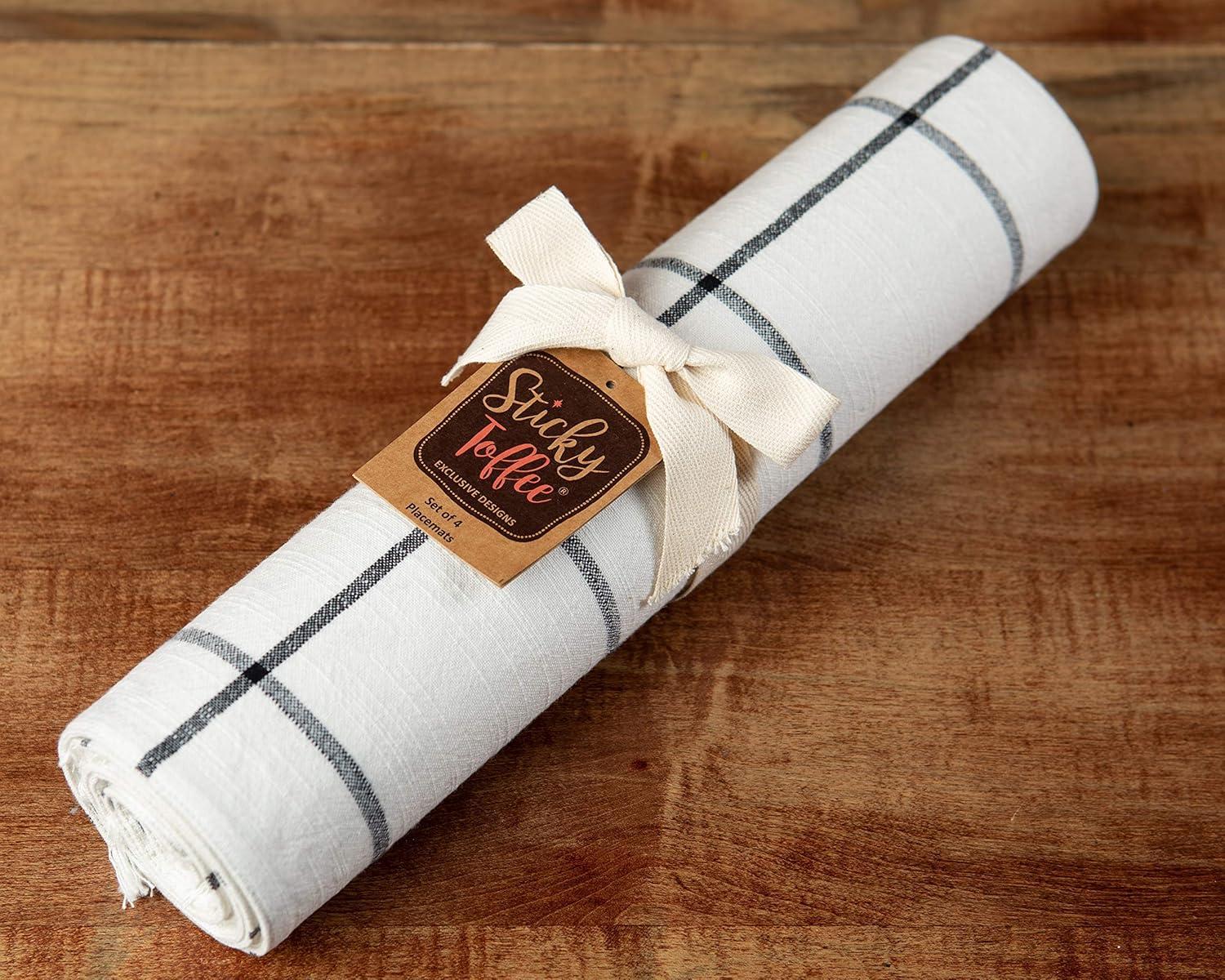 Sticky Toffee Placemats Set of 4, Woven Cotton Cloth Placemat Set, 14x19 in, Cream Farmhouse Plaid Place Mats for Kitchen or Dining Table