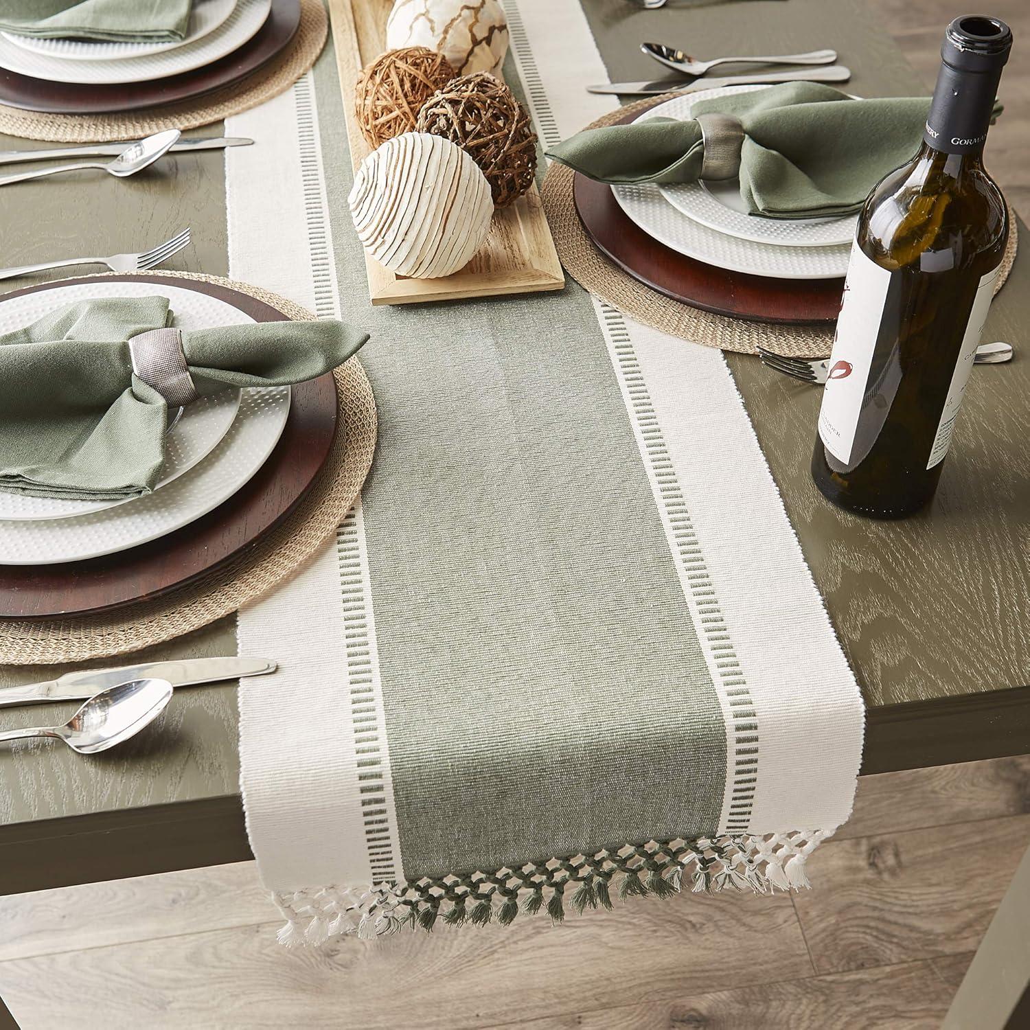 Design Imports Ribbed Dobby Stripe Table Runner, Artichoke Green, 13X108"