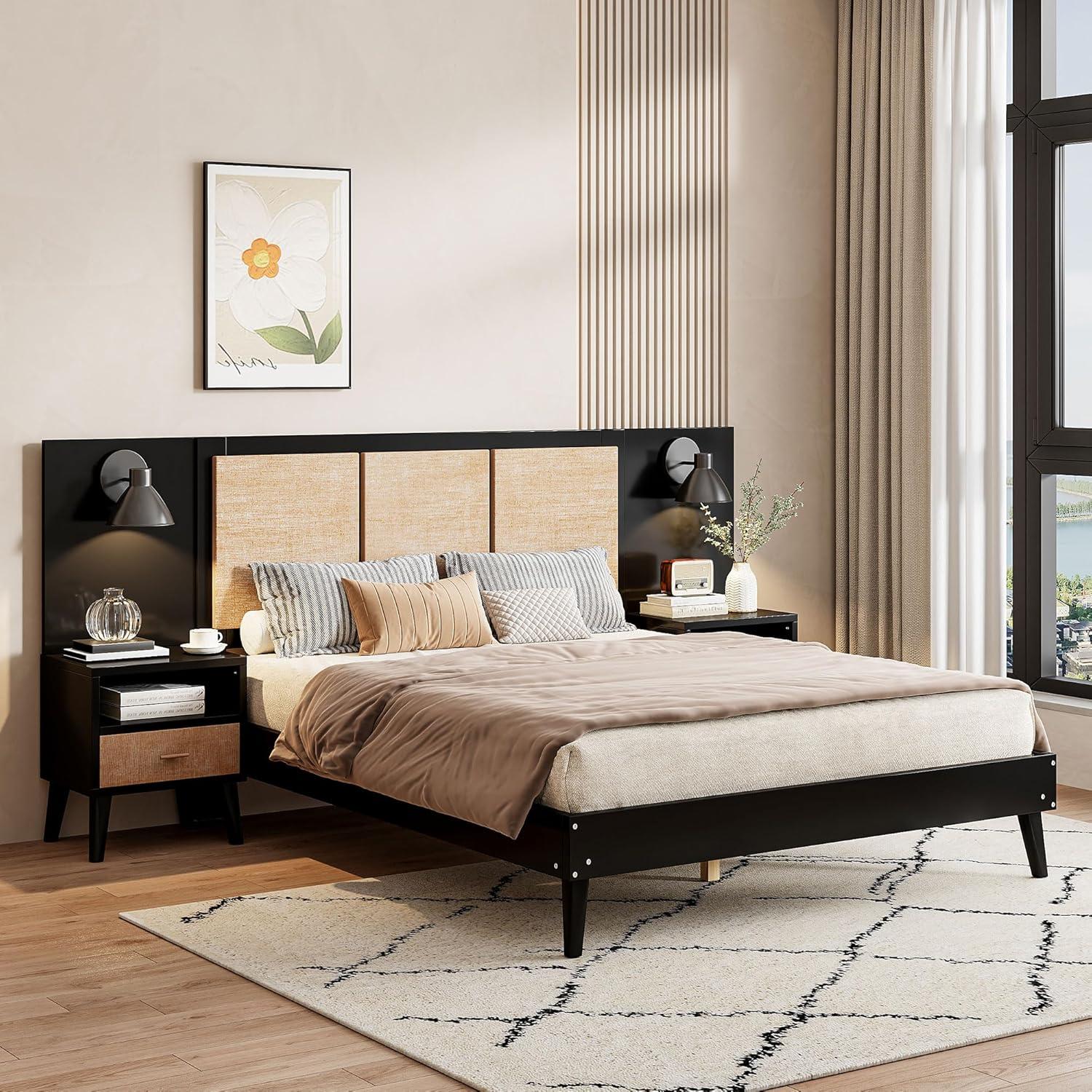 Queen Size Black and Rattan Solid Wood Bed Frame with Nightstands