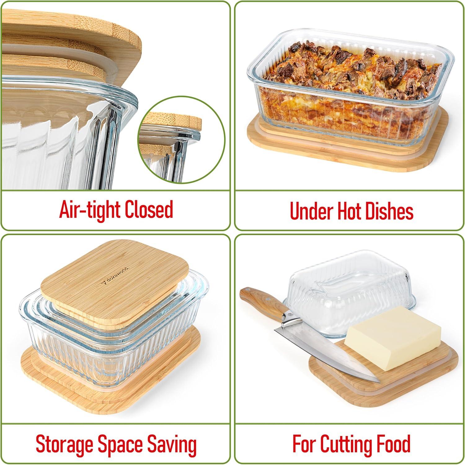 Amber Glass Meal Prep Containers with Acacia Lids, Set of 4