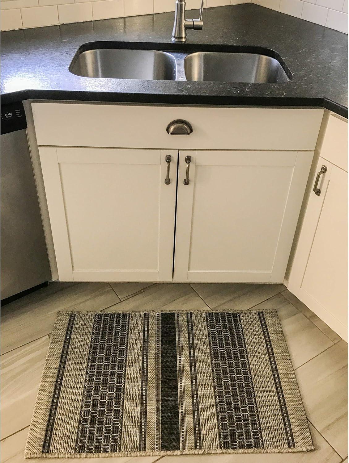 Grey and Black Stripe Synthetic Rectangular Rug