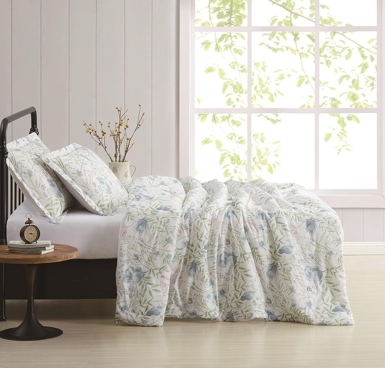 King Blue Cotton Floral Comforter Set with Shams