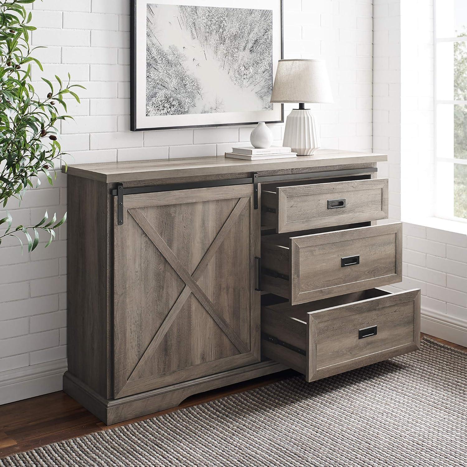 Grey Wash Modern Farmhouse 56" Wood Sliding Door Sideboard