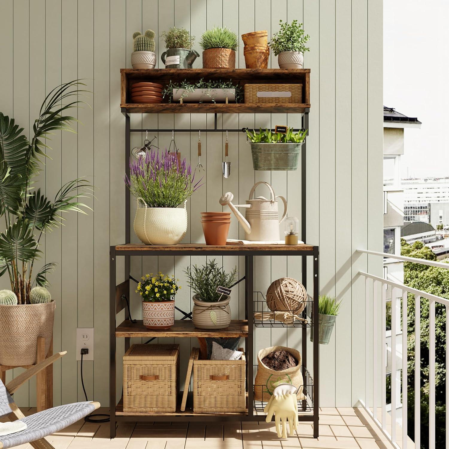 Adjustable Rustic Brown 5-Tier Kitchen Storage Shelf with Power Outlet