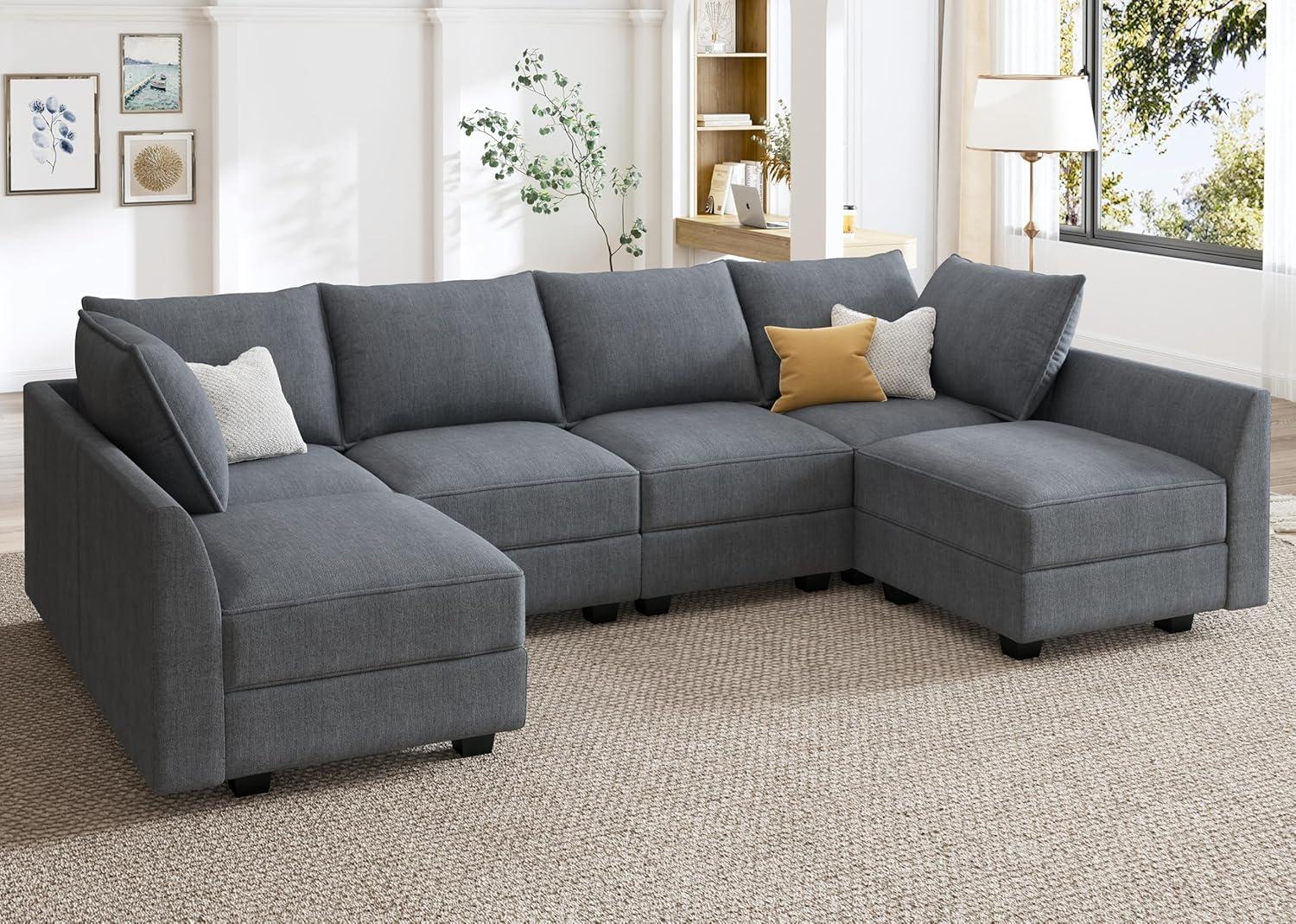 Gray Fabric U-Shaped Sectional Sofa with Storage Ottoman