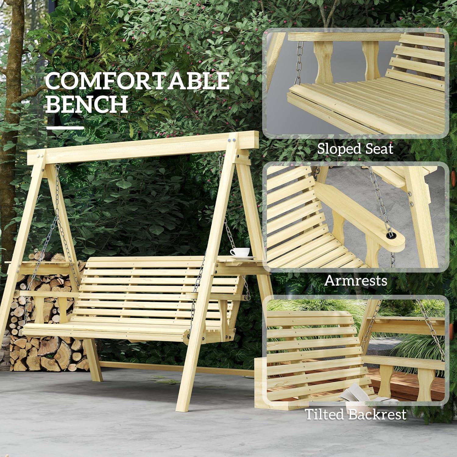 Outsunny 3 Seat Wooden Porch Swing with Stand, Patio Swing Chair with Side Tables, Carbonized Brown
