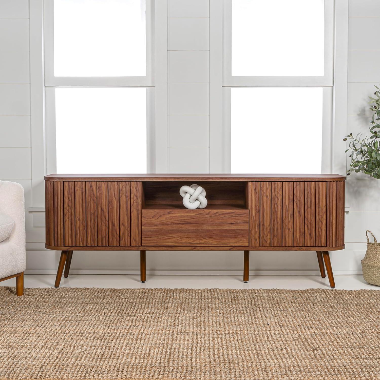 JONATHAN Y Damien 70 in. Farmhouse Curved TV Stand with Drawer and Storage Doors Fits TVs up to 75 in. with Cable Management, Walnut