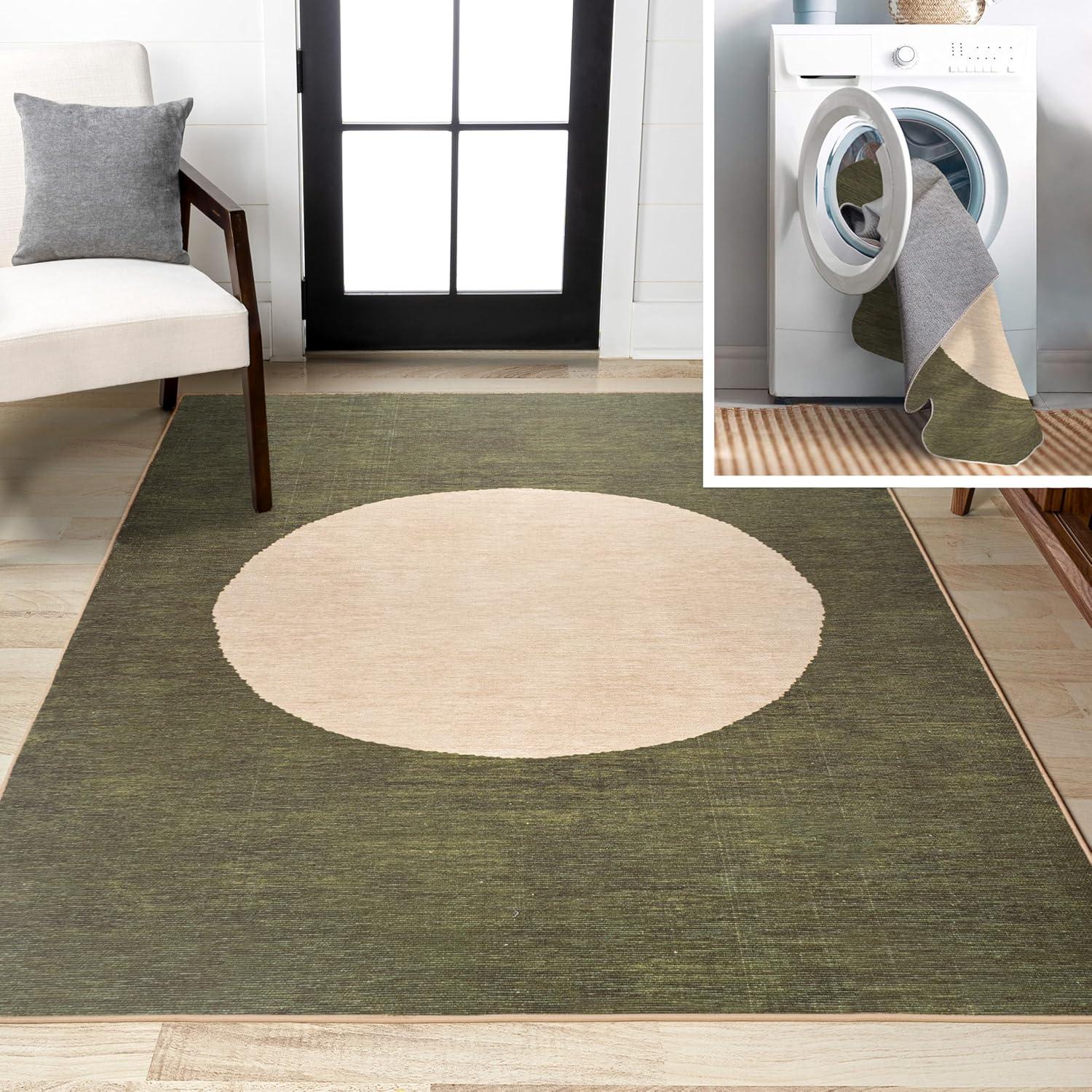 8' x 10' Cirkel Minimalist Geometric Dot Machine-Washable Area Rug, Olive/Cream - JONATHAN Y