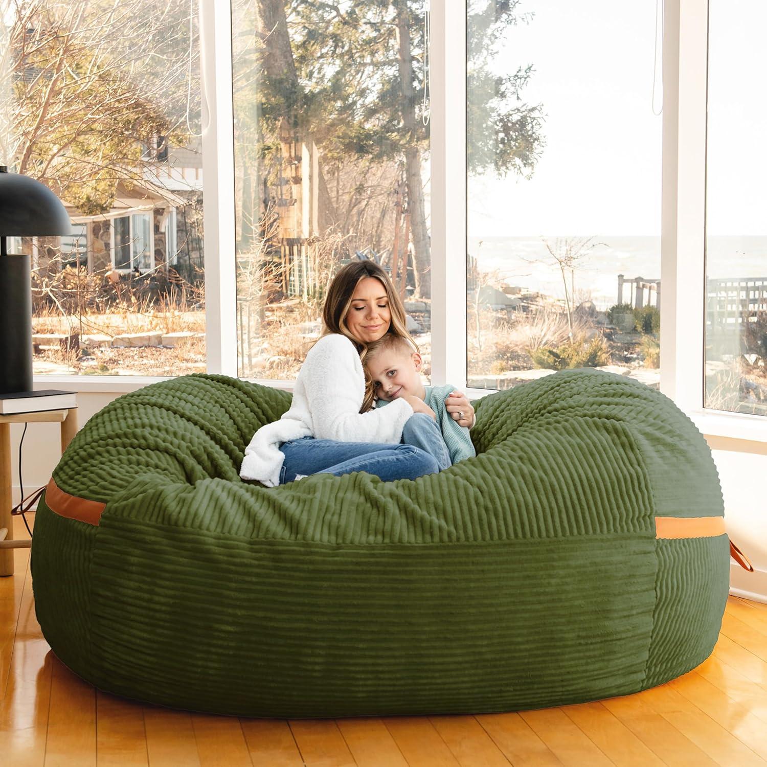 Big Joe Foam Filled Bean Bag Chair with Removable Cover, Corded Plush, Vegan Leather Accents, Medium to XXL Size