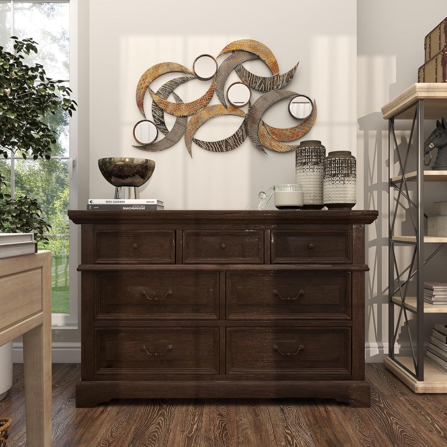 DecMode Contemporary Curved Metal Stips with Indigenous Patterns Wall Décor, 24"W x 40"H Features Gray, Brown, Maroon and Yellow Polished Finish