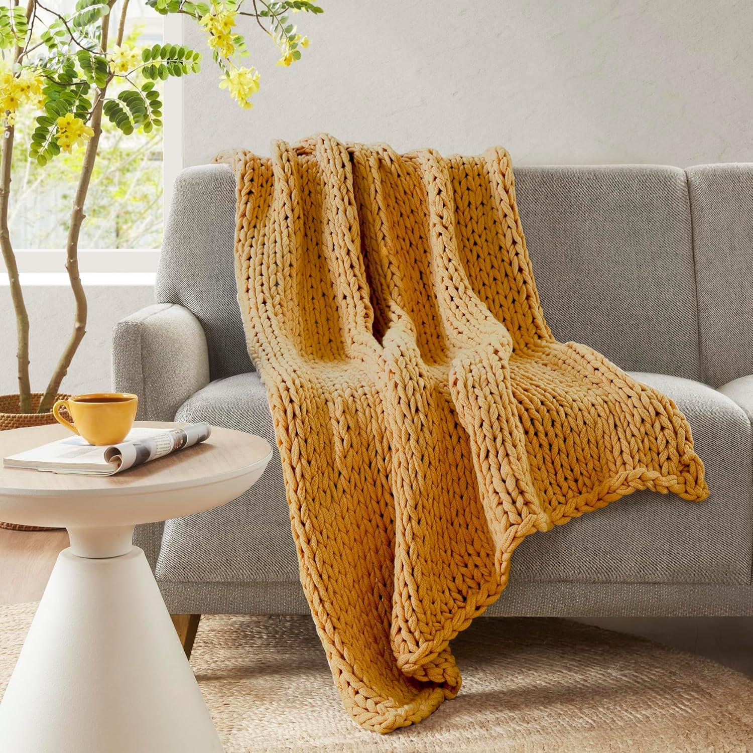 50"x60" Chunky Double Knit Handmade Throw Blanket Yellow - Madison Park: Cozy, Durable, All-Season