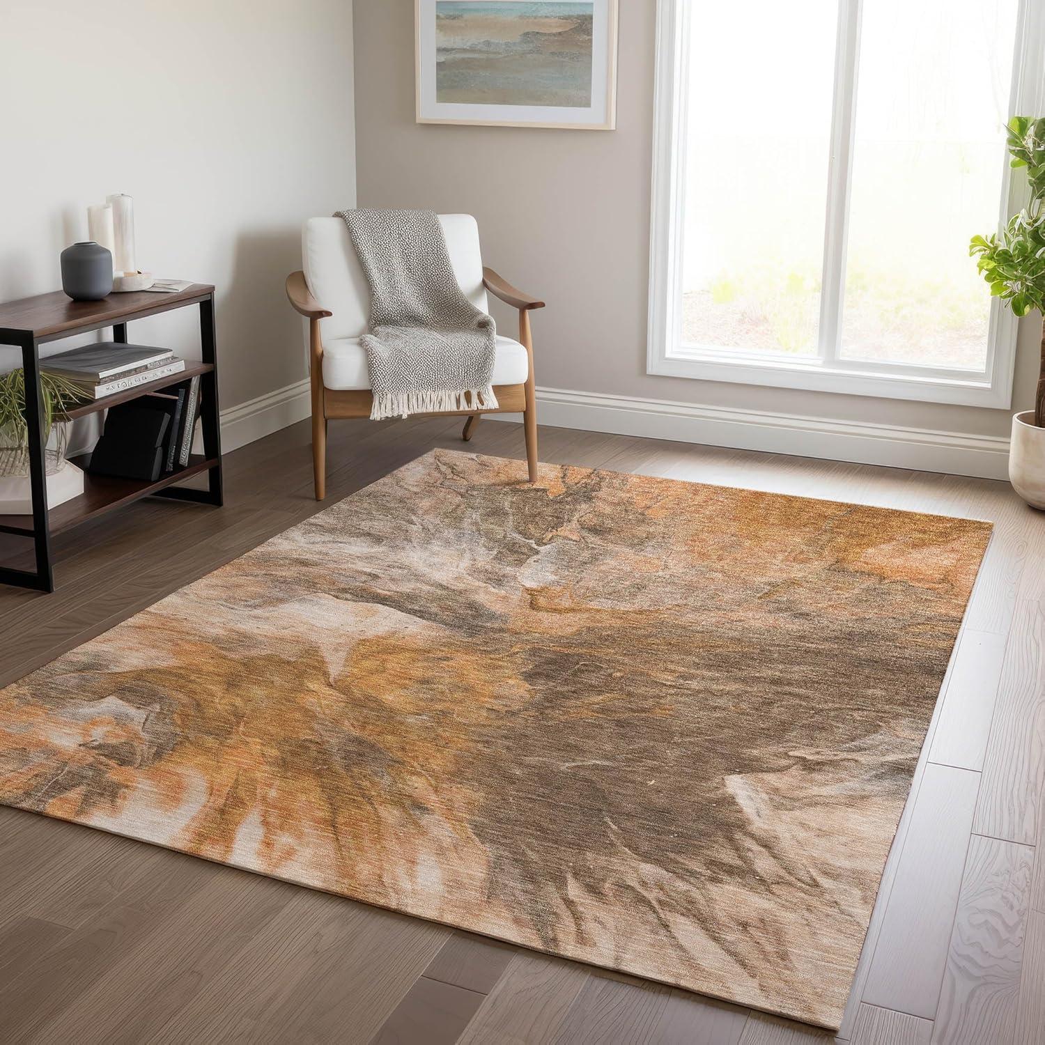 Paprika and Brown Synthetic Rectangular Washable Rug