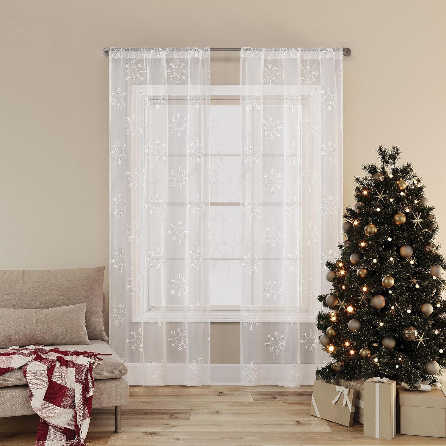 White Sheer Snowflake Embroidery Rod Pocket Curtain Panel 36" x 63"