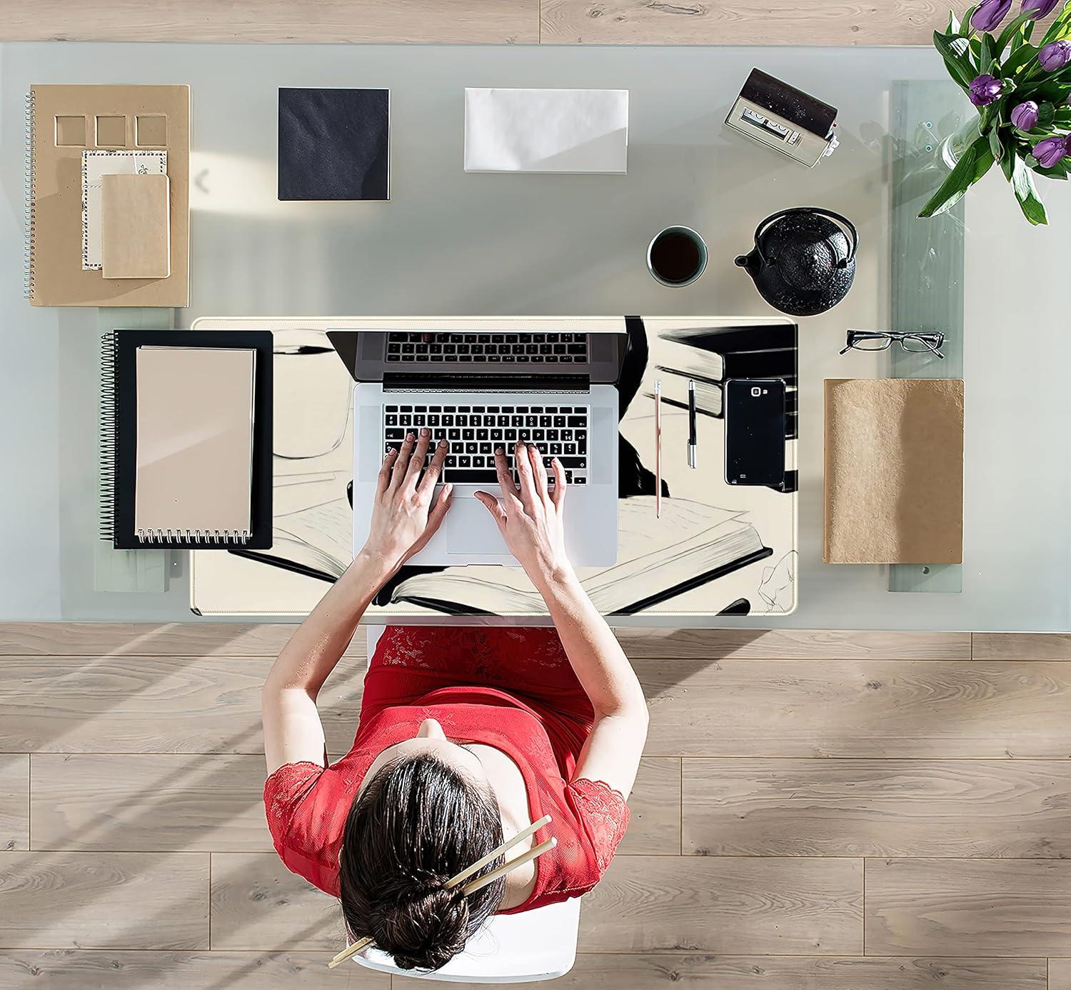 Cute Anime Cat Kawaii Desk Mat Beige Mouse Pads XXL, Anime Aesthetic Desk Pad Large, Cartoon Manga Gaming Deskmat Extend Keyboard Mat Pad, Desktop Decor Accessories for Women Girl 31.5x15.75 in