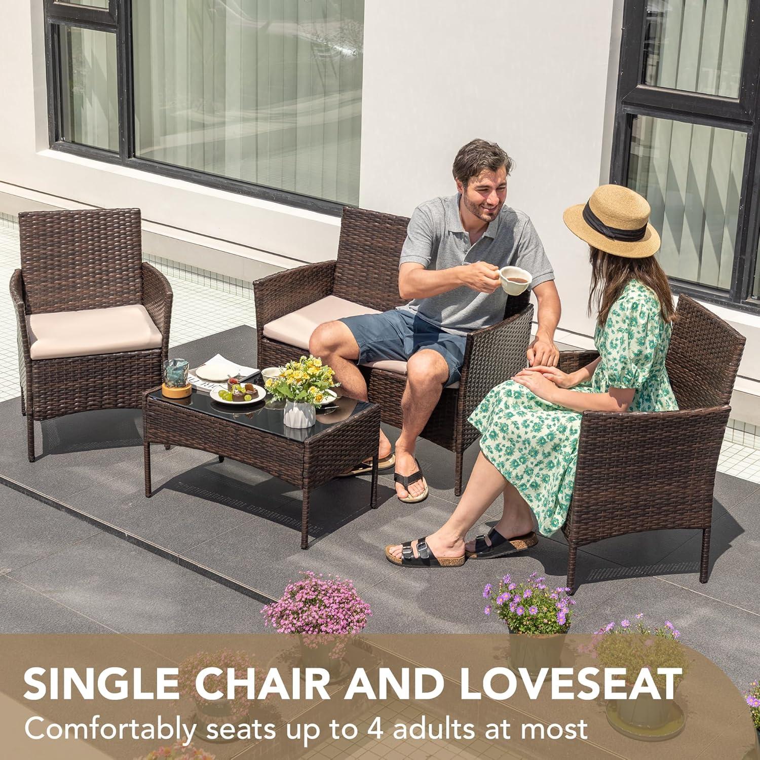 4 Pieces Outdoor Patio Furniture Set, Rattan Wicker Chairs Balcony Lawn Porch Patio Furniture Sets with Beige Cushion and Table (Brown)