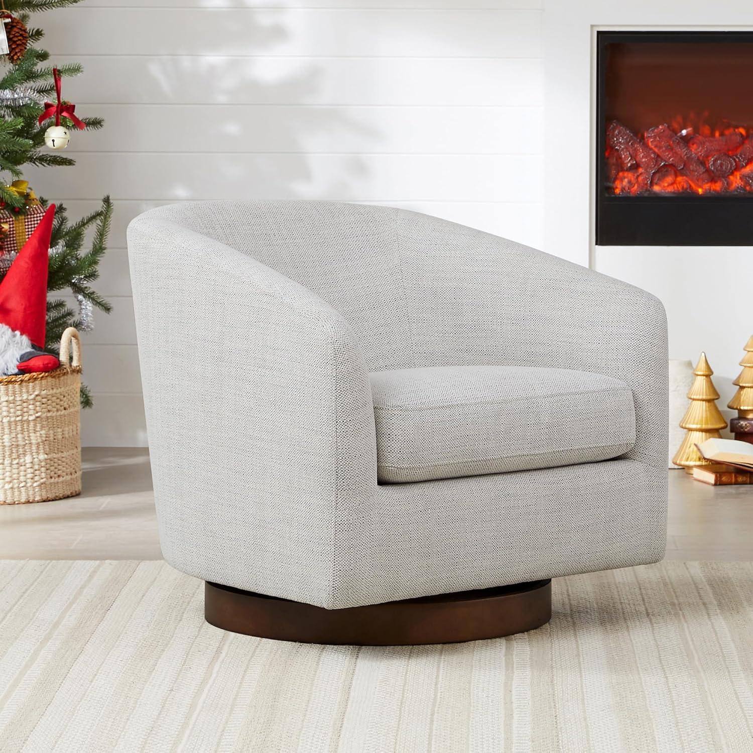 Ivory Upholstered Swivel Barrel Chair with Wood Base