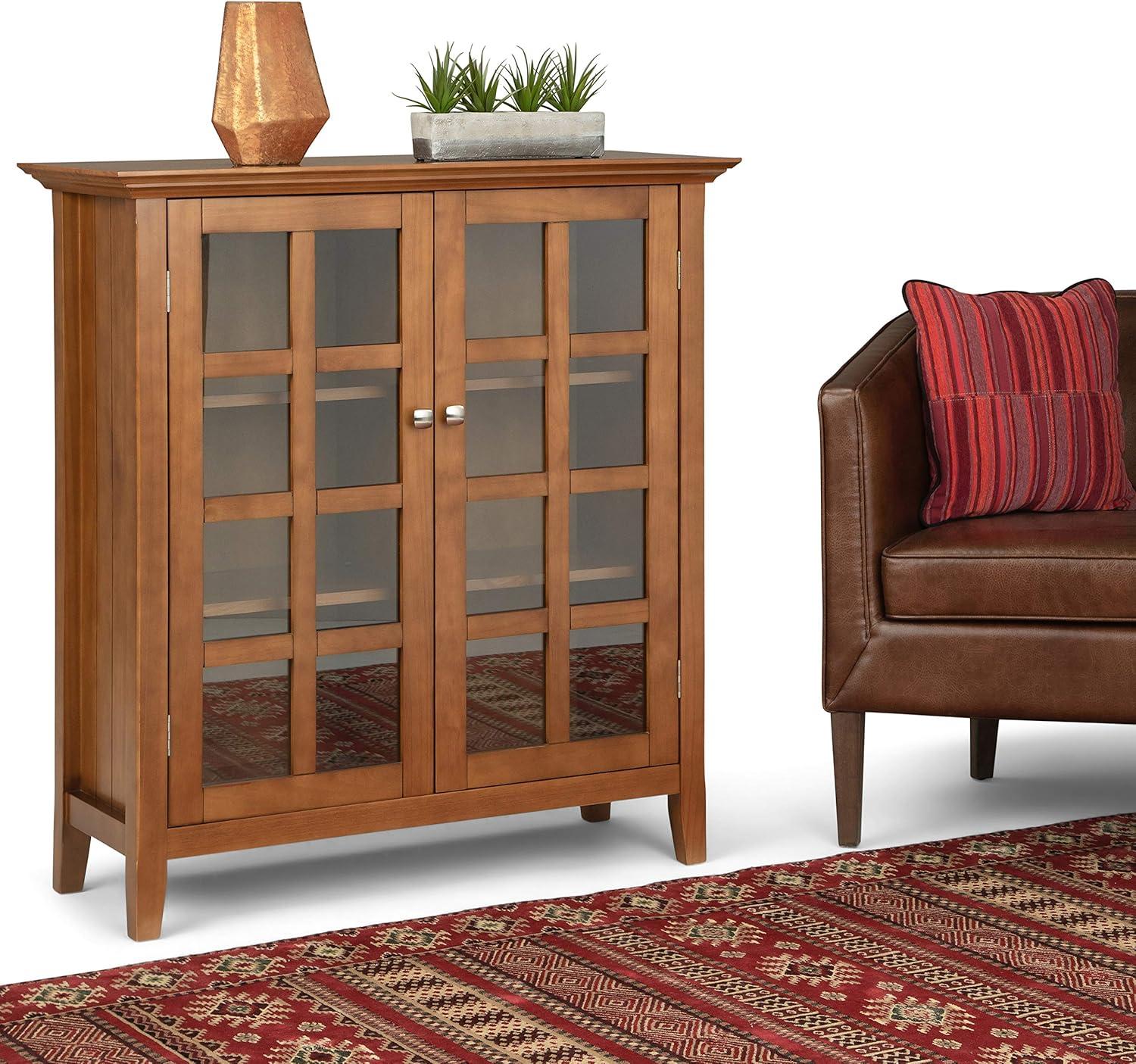 Simpli Home Acadian Solid Wood Shelf Storage Cabinet with Glass Doors and Adjustable Shelves