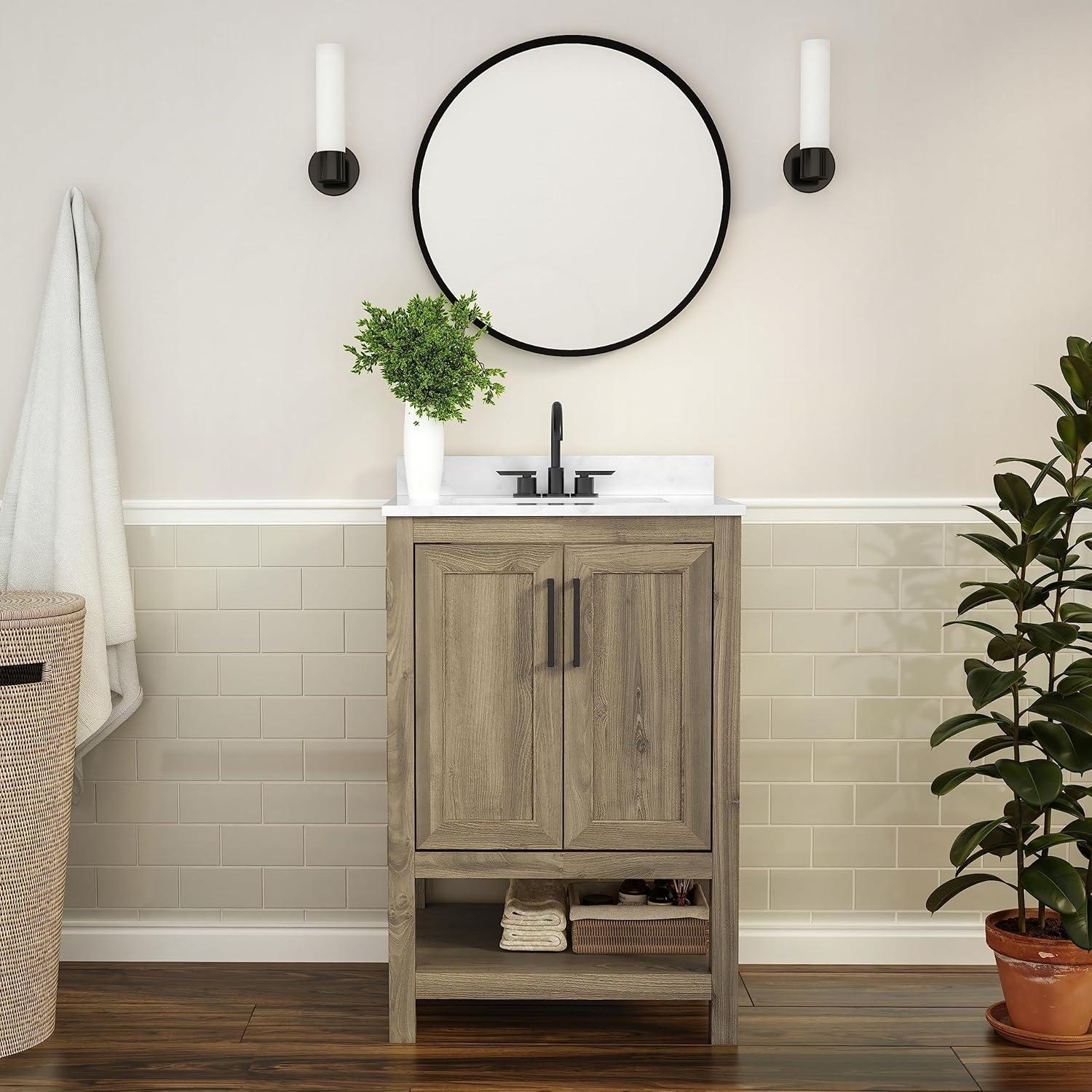 Flash Furniture 24 Inch Bathroom Vanity with Undermount Sink and Open Storage Shelf in Brown