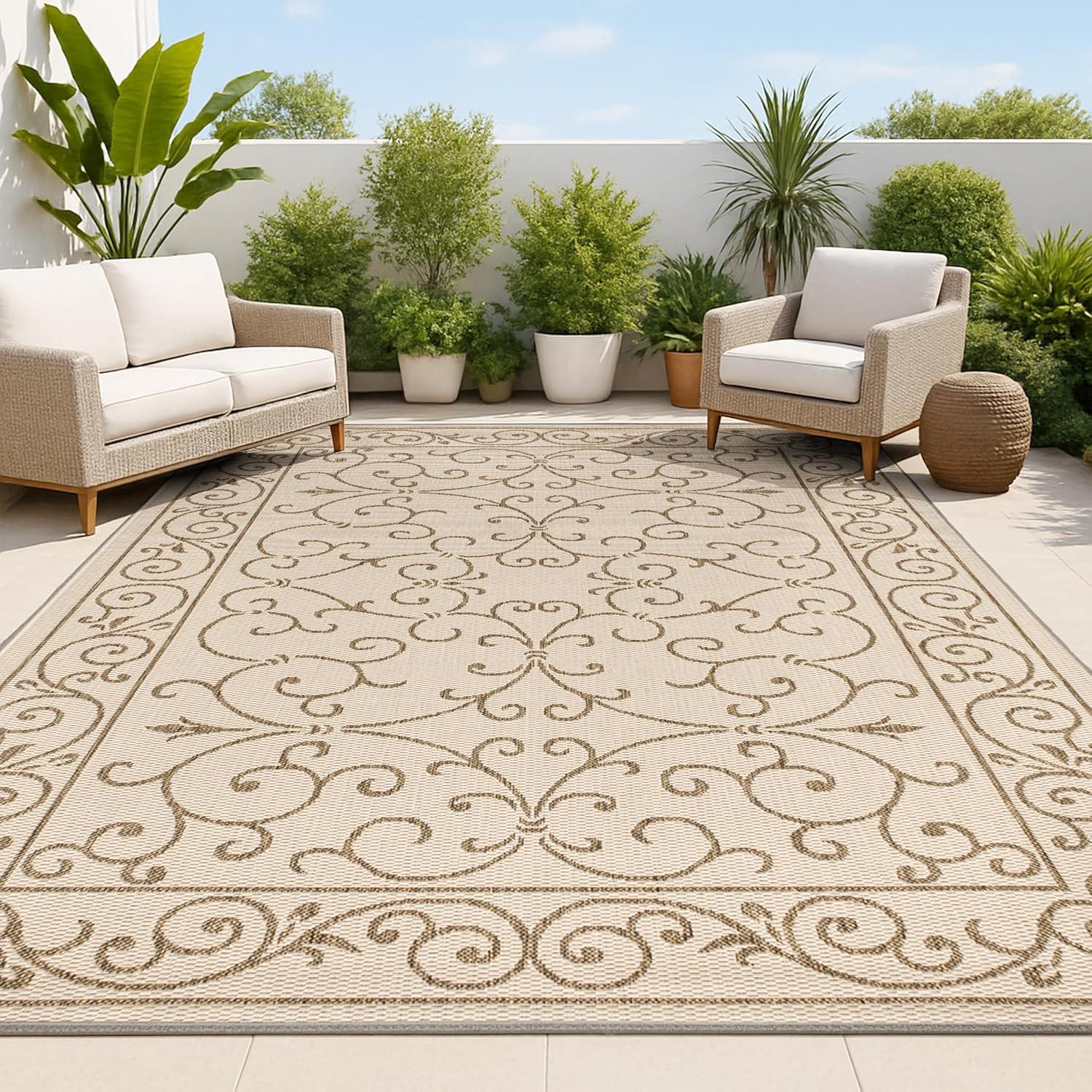 9' X 12' Charleston Vintage Filigree Textured Weave Indoor/Outdoor Area Rug, Beige/Brown - JONATHAN Y