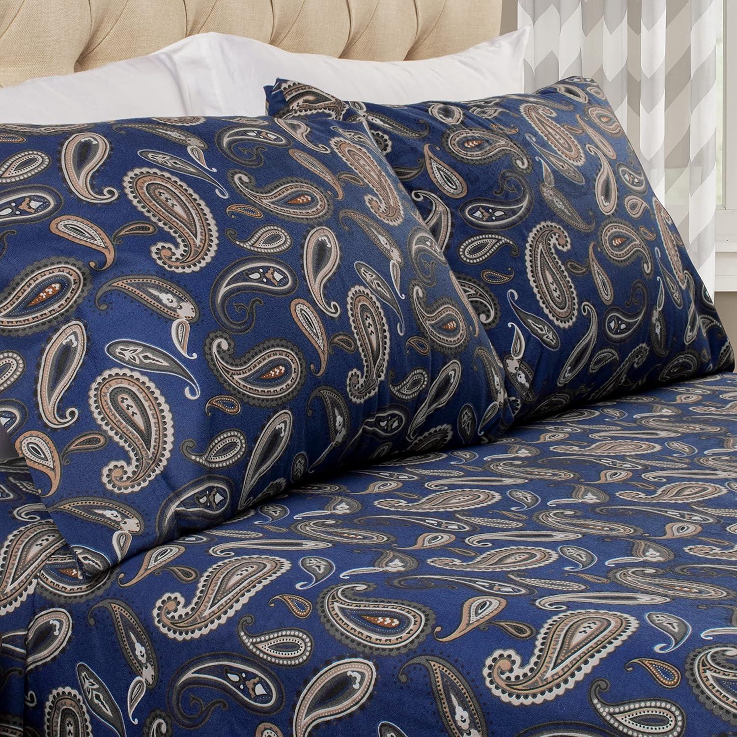 Impressions by Luxor Treasures FLASDPC PANB Cotton Flannel Standard Pillowcase Set Paisley, Navy Blue