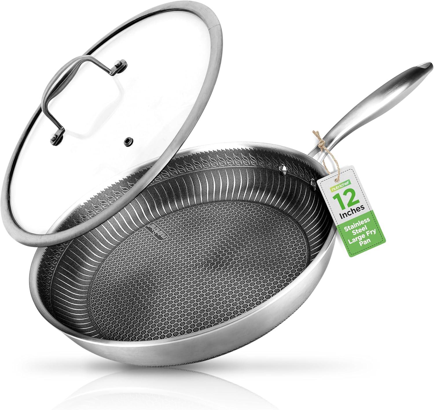 12" Stainless Steel Nonstick Stir Fry Pan with Glass Lid