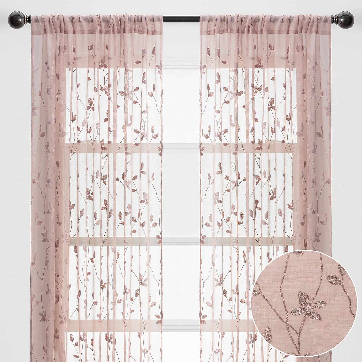 Chanasya 2pk Embroidered Vine Sheer Window Curtain Panels - Set of 2 - 52 x 96 Inches Long - Rose Dust