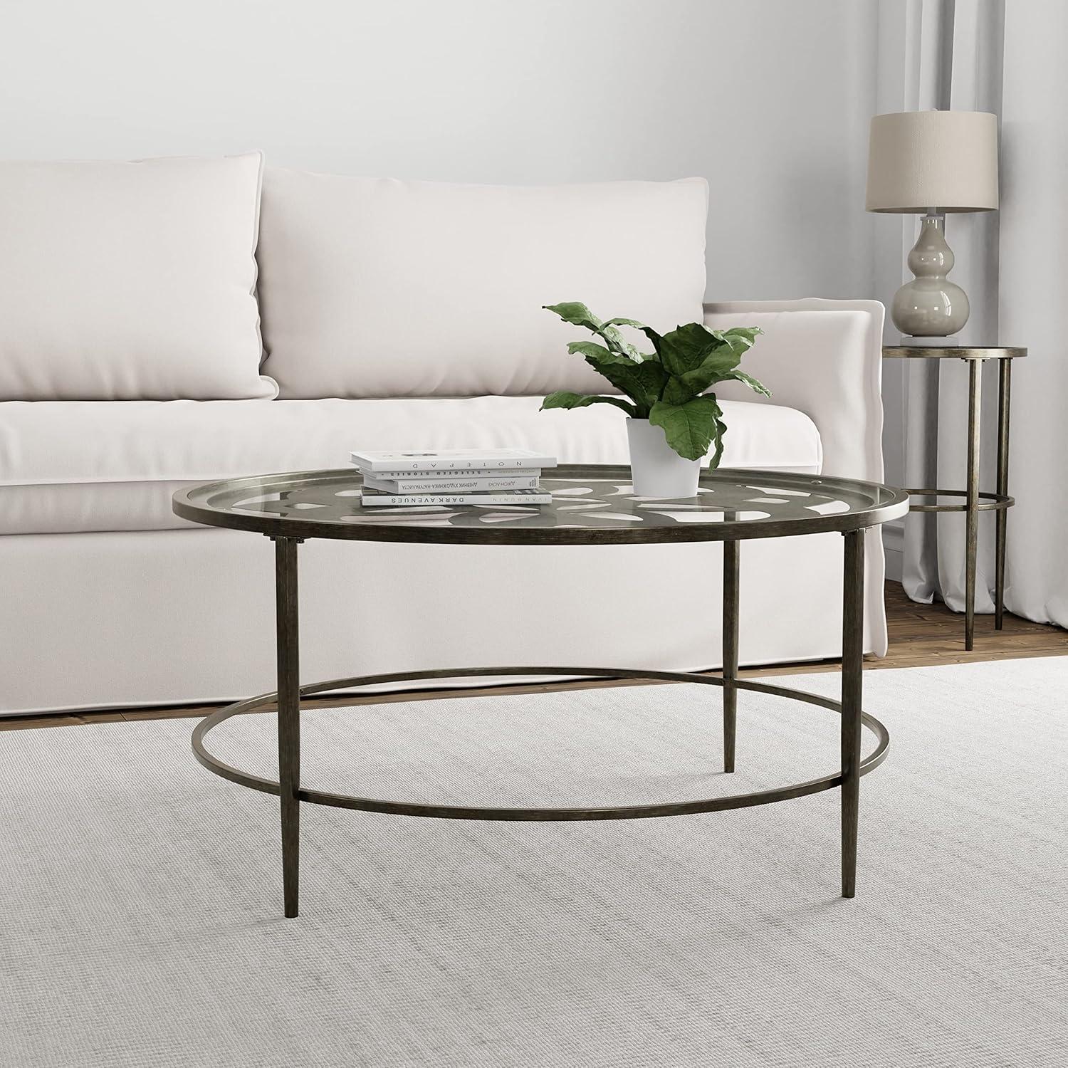 Hillsdale Furniture Marsala Glass-Top Metal Coffee Table, Gray with Brown Rub
