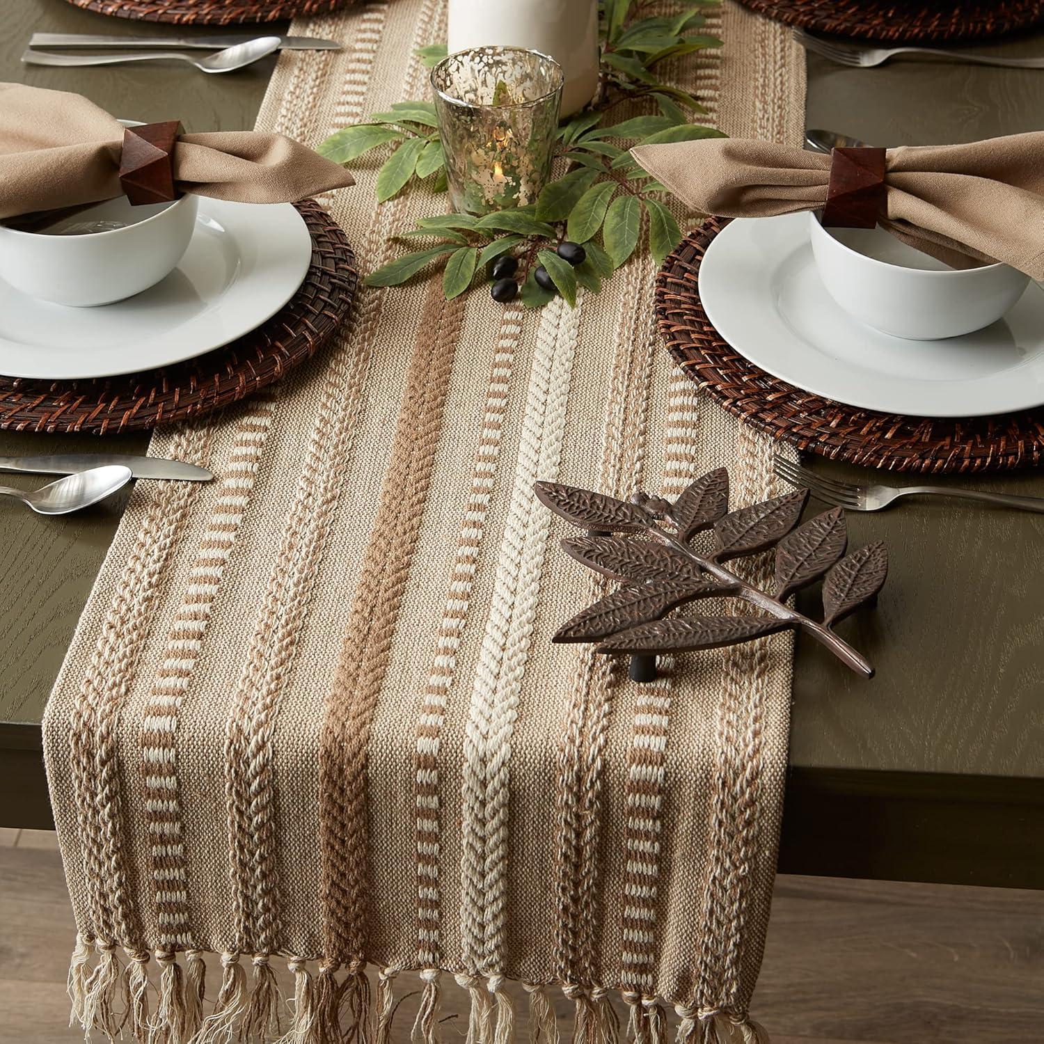 DII Farmhouse Braided Stripe Table Runner Collection, 15x72 (15x77, Fringe Included), Stone