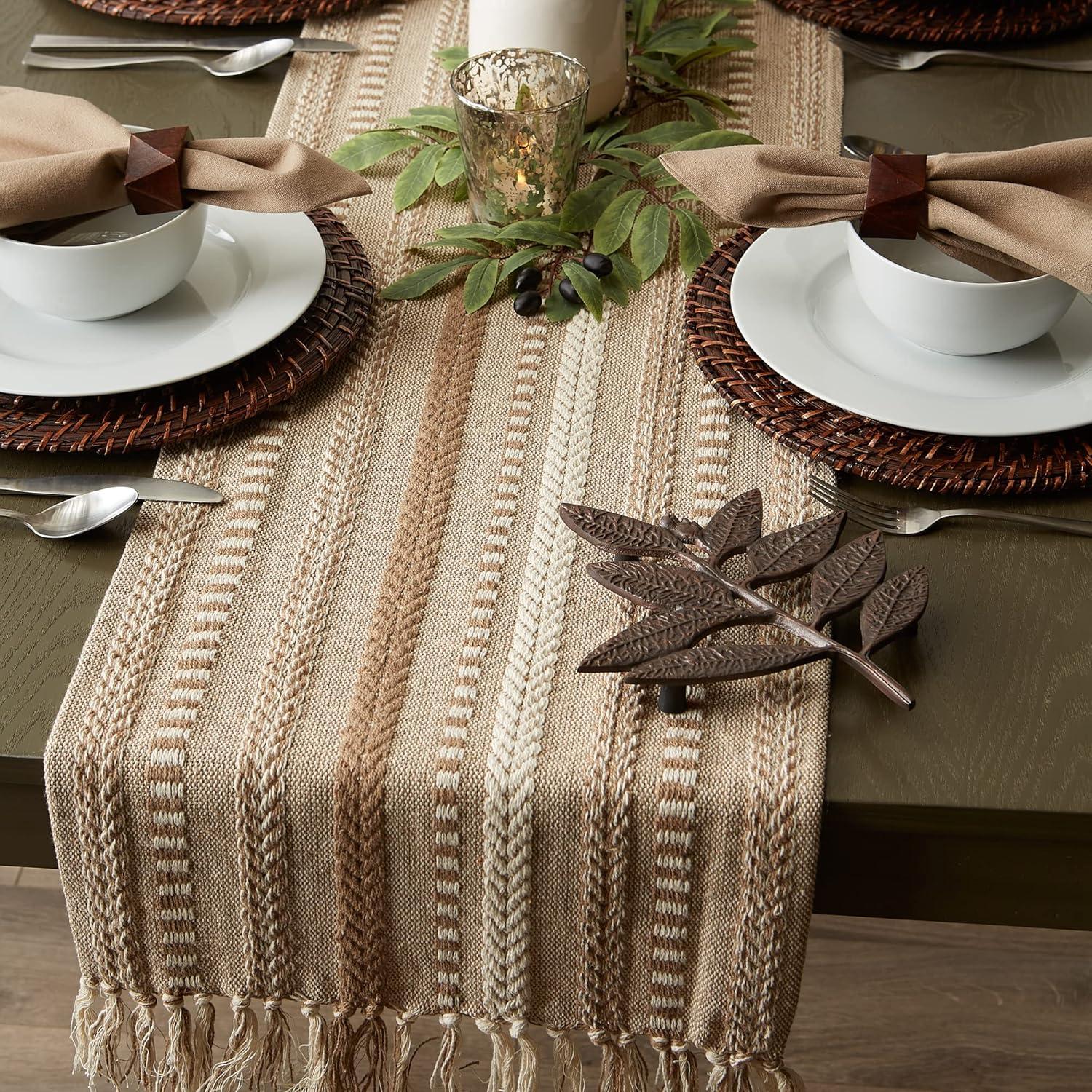 Design Imports  Braided Stripe Jacquard Fringe Table Runner, 15X72", Stone