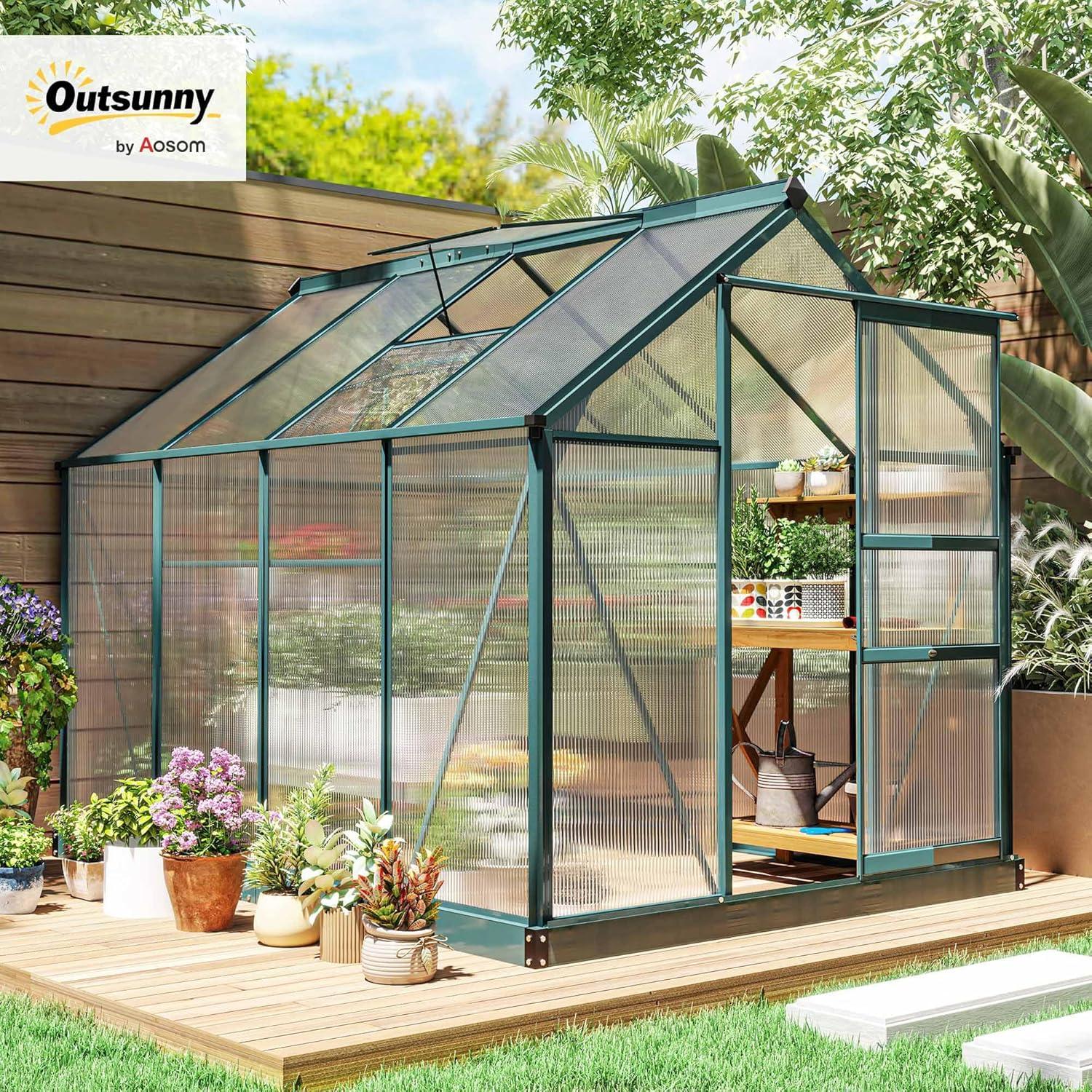 Outsunny 6.2' x 8.3' x 6.6' Polycarbonate Greenhouse, Heavy Duty Outdoor Aluminum Walk-in Green House Kit with Vent & Door for Backyard Garden, Green
