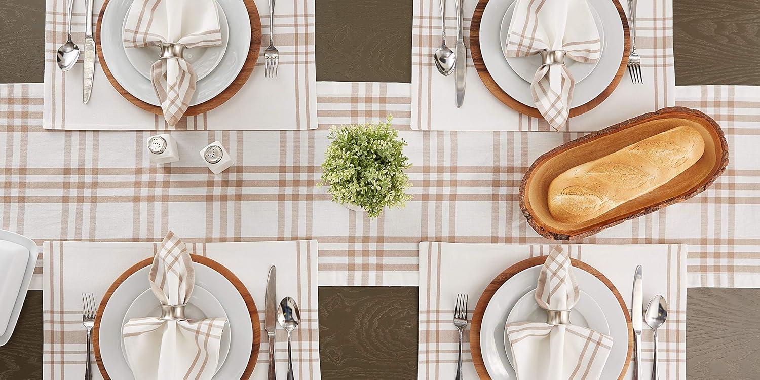 Beige and White Cotton Plaid Table Runner 14x72