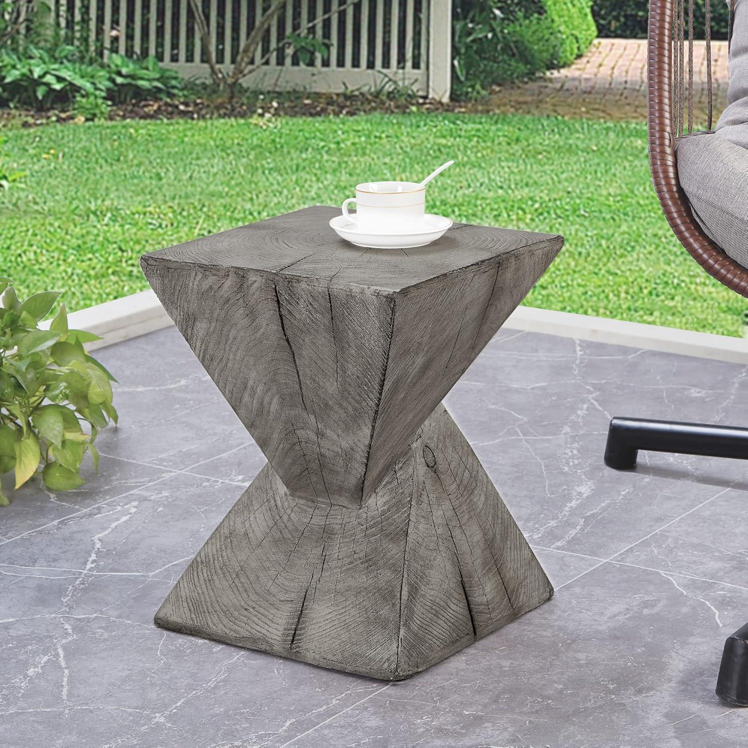 Light Grey Faux Wood Concrete Hourglass End Table