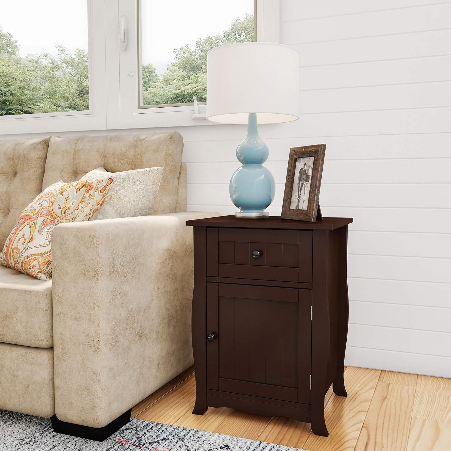 Dark Brown Wood and Metal Storage End Table with Drawer