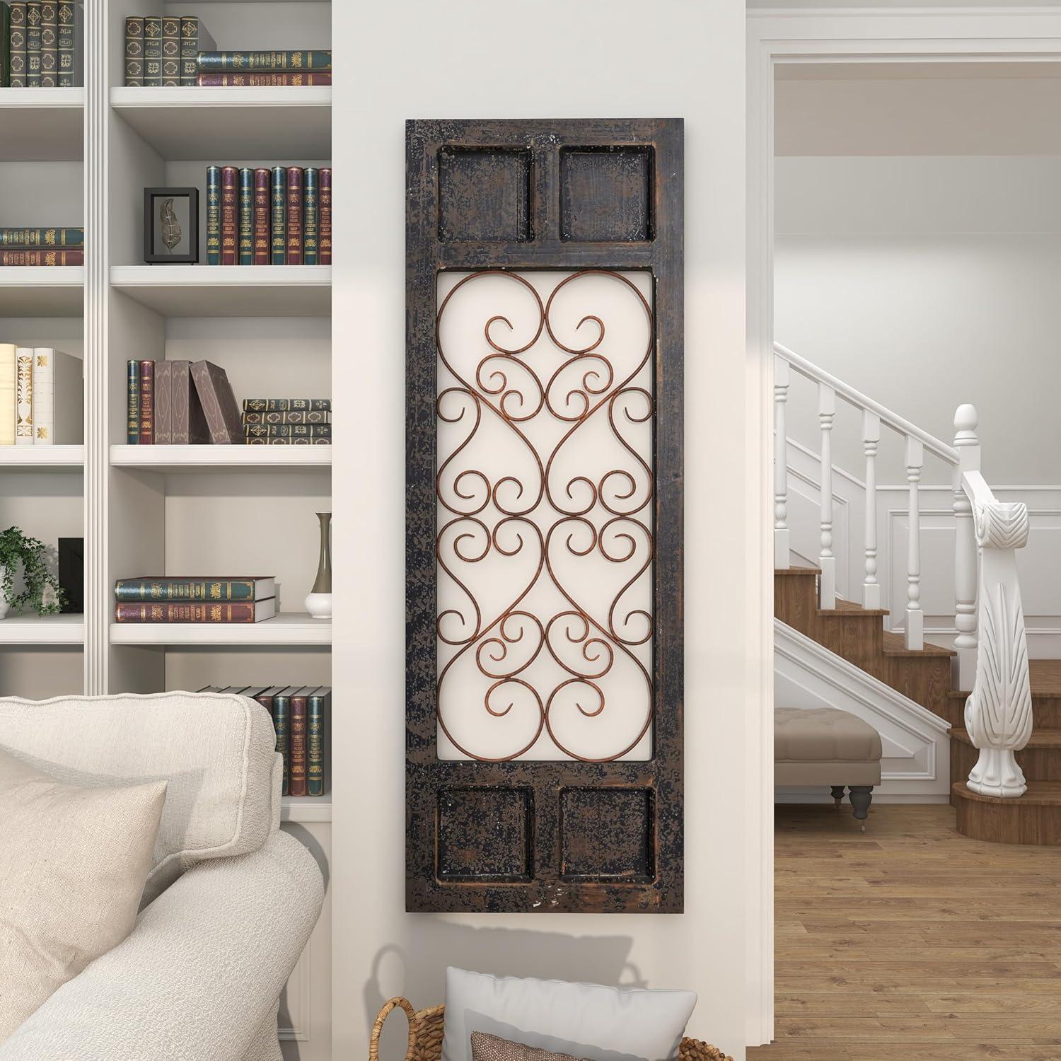 Olivia & May Traditional Wood Scroll Window Inspired Wall Decor with Metal Scrollwork Relief Brown: Vertical Iron Frame, Carved Art Object