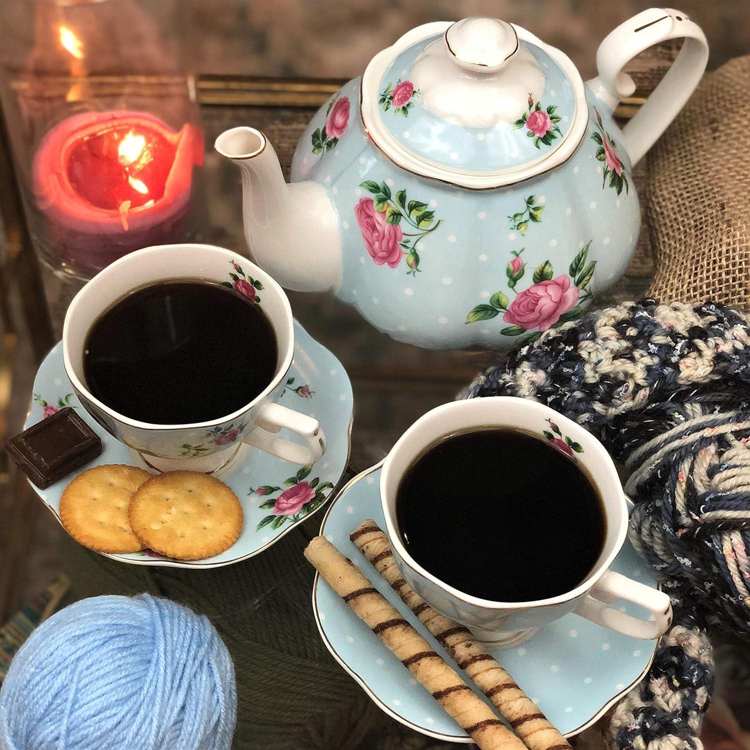 Floral Blue Porcelain Tea Set with Cups and Saucers