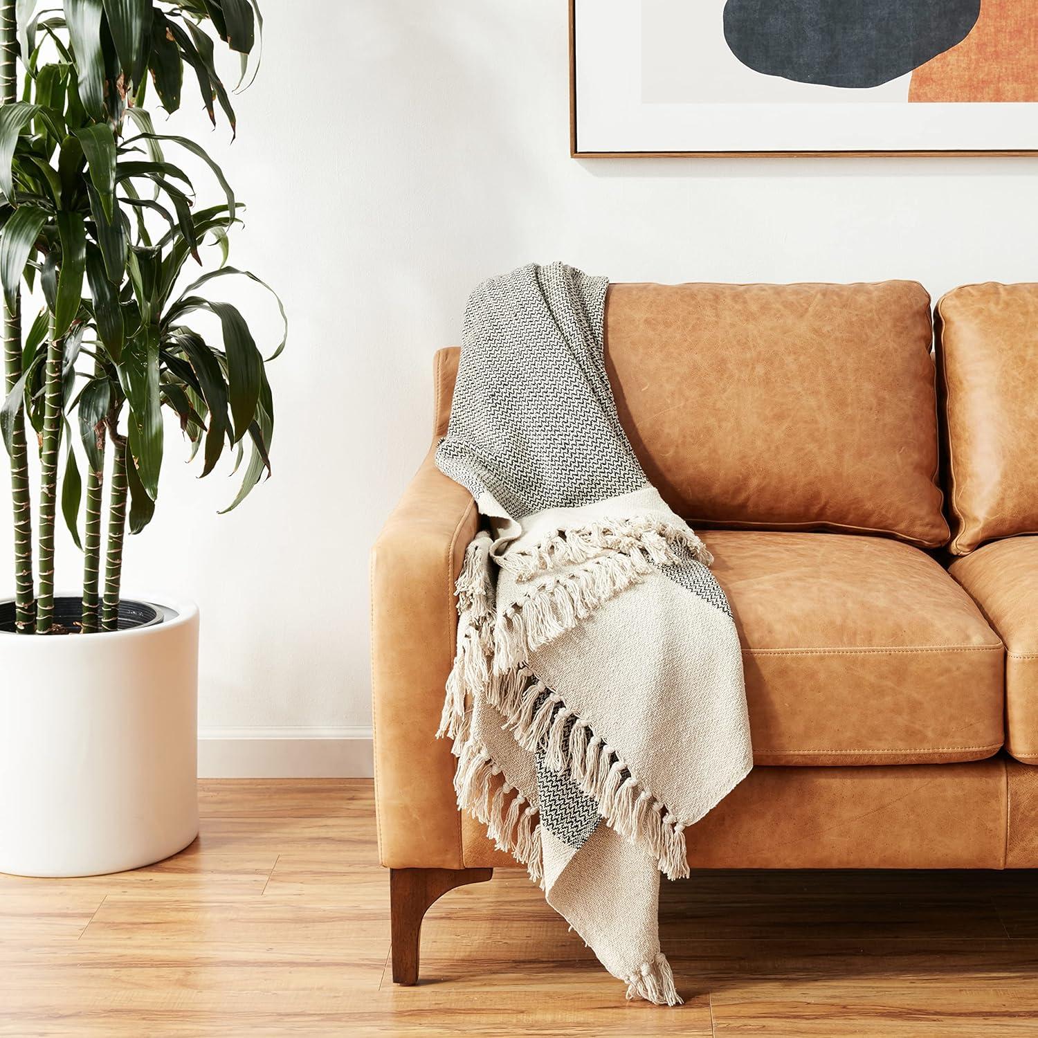 Soft Cotton Blend Knit Throw with Fringe, Grey and Cream