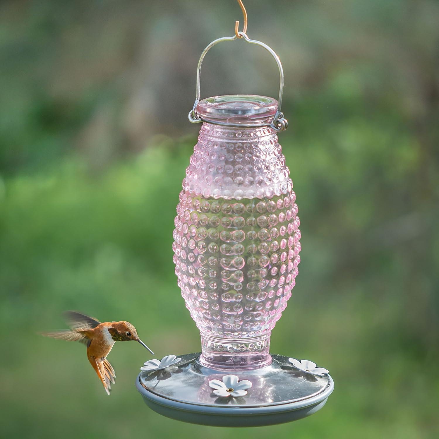 Cranberry Hobnail Glass and Metal Hummingbird Feeder