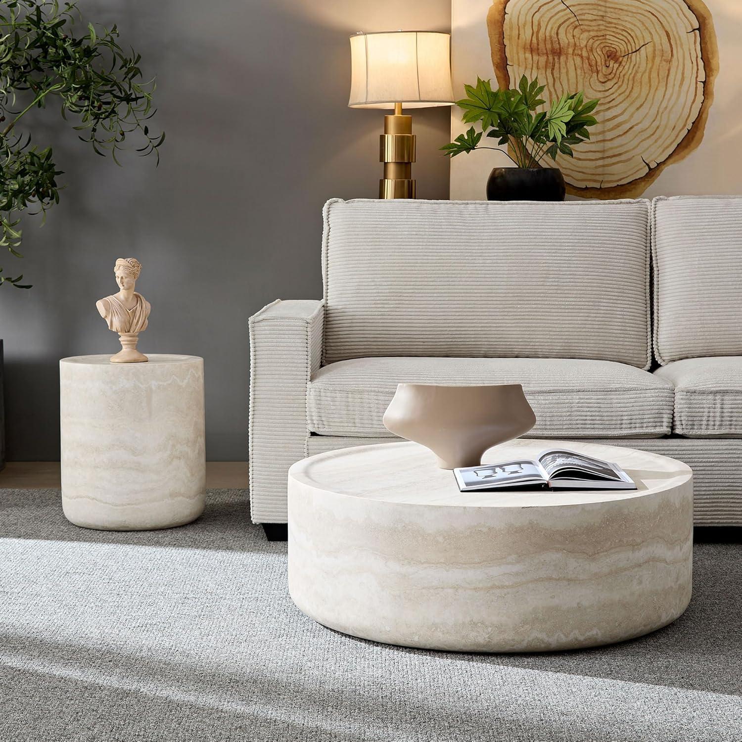 Beige Faux Marble Round Coffee Table with Storage