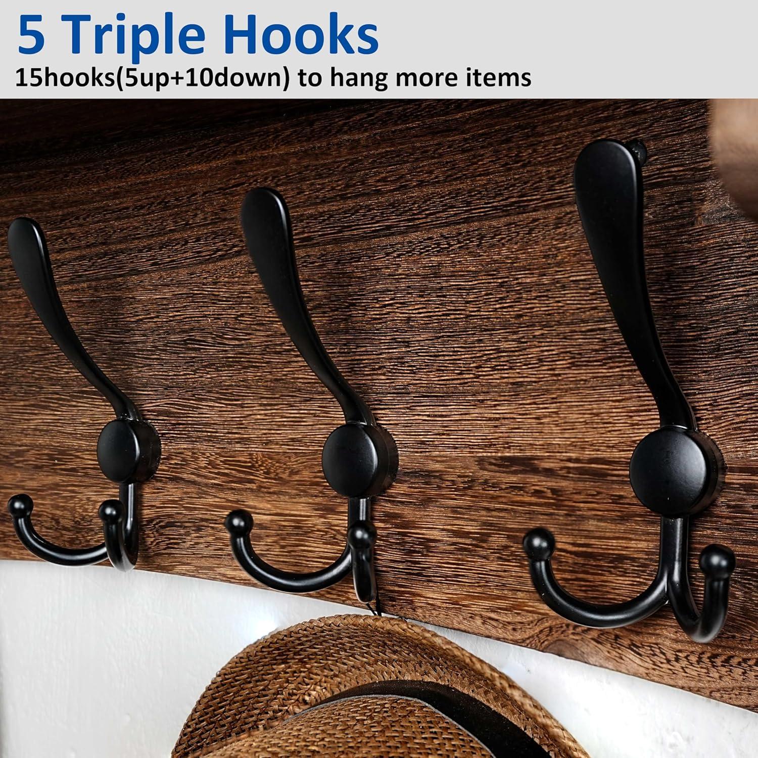 HBCY Creations Rustic Brown Solid Wood Wall Mounted Coat Rack with Shelf, 5 Hooks, 24" Long - Kitchen, Mudroom, Entryway, Bathroom - Includes Mounting Hardware, Coat Hanger, Dog Leash Hooks