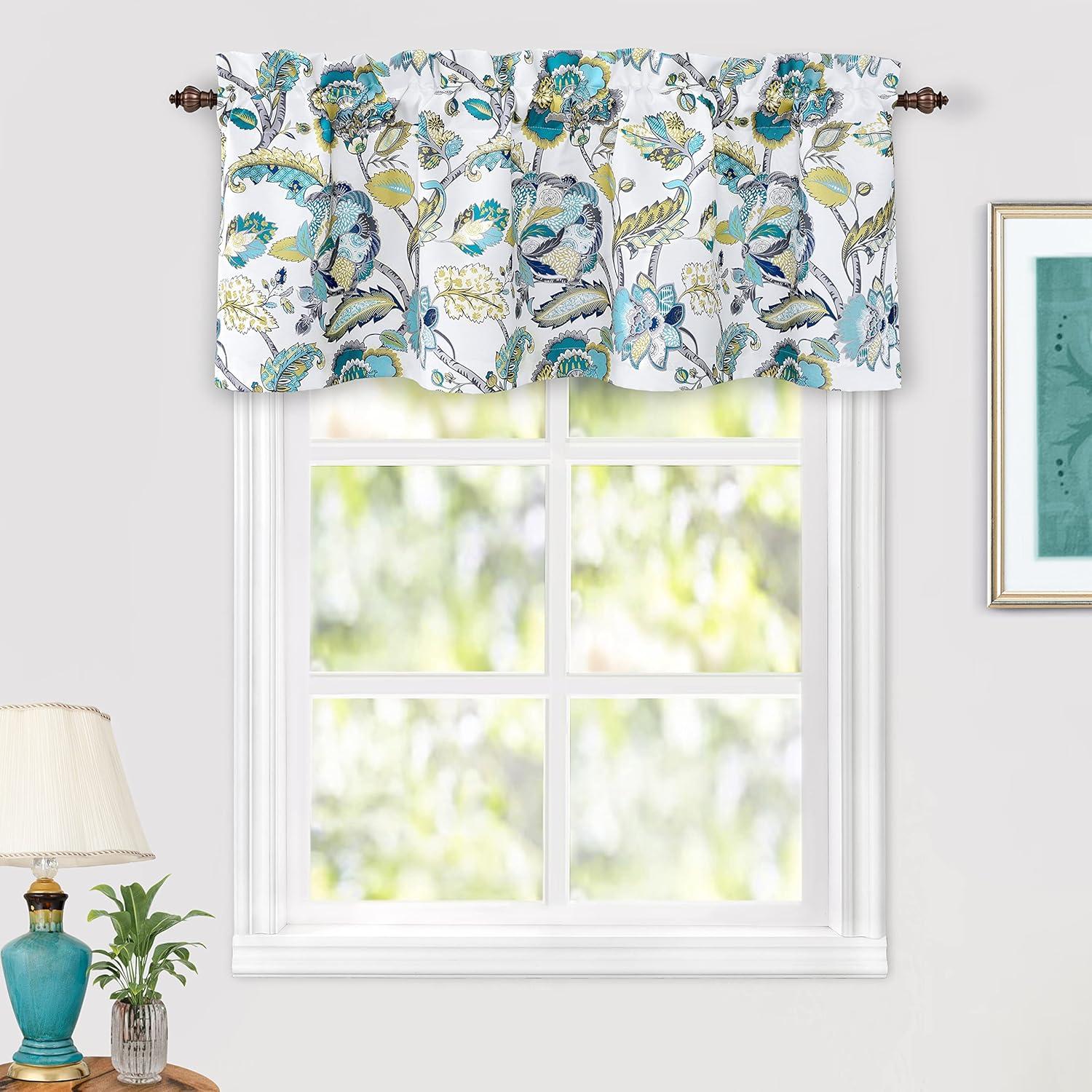 DriftAway Layla Room Darkening Valance for Kitchen Classic America Style Floral Leaves 18 Inch Length Valance for Living Room Bedroom Rod Pocket Window Treatment 52x18 White Seafoam Gray 2 Pack