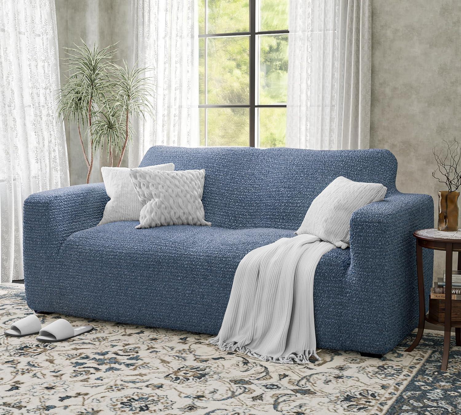 Blue Stretch Loveseat Sofa Cover with Elastic Fit