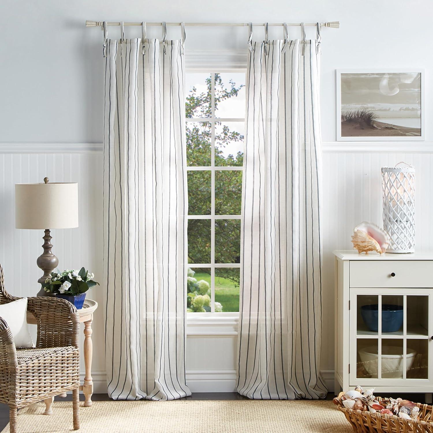 Navy Striped Semi-Sheer Tie Top Curtain Panels, 95"