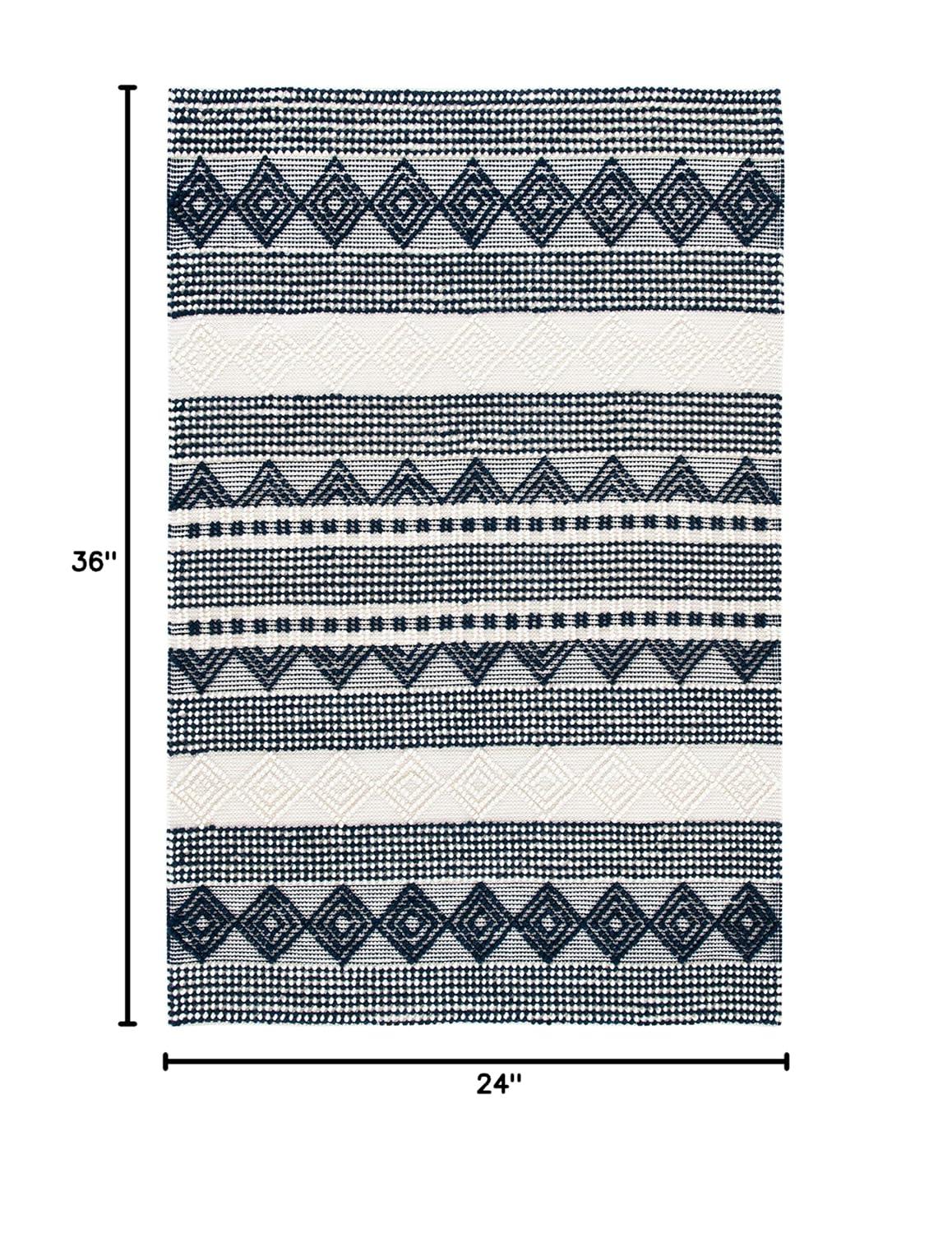 Southwestern Hand Woven Wool/Cotton Southwestern Rug in Dark Navy/Ivory